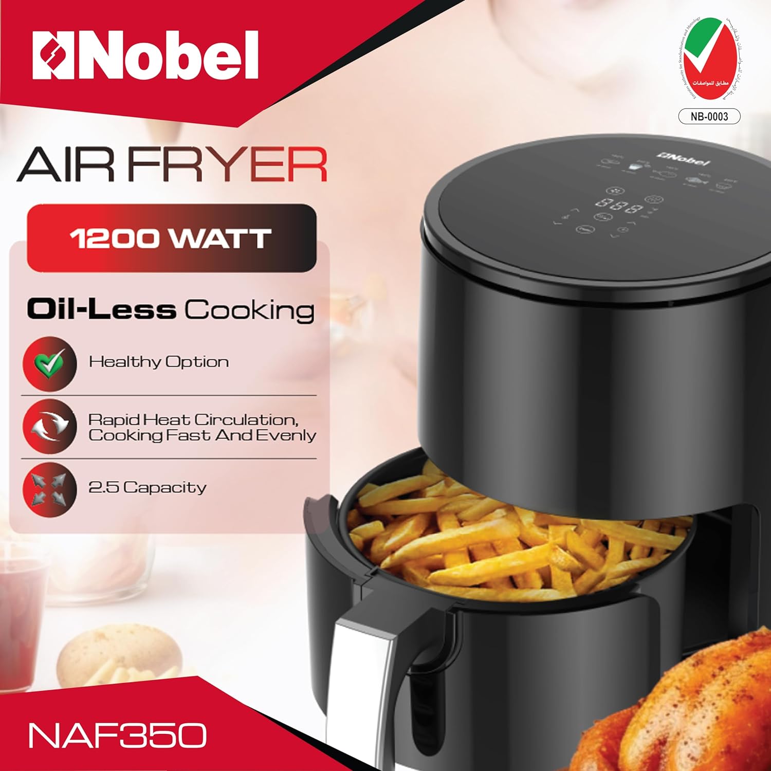 Nobel 2.5 Ltrs Multifunctional Air fryer with 6 Preset Programs, Overheat Prevention, Digital Touch with 1-60 Min Timer 1200W NAF350 Black-4