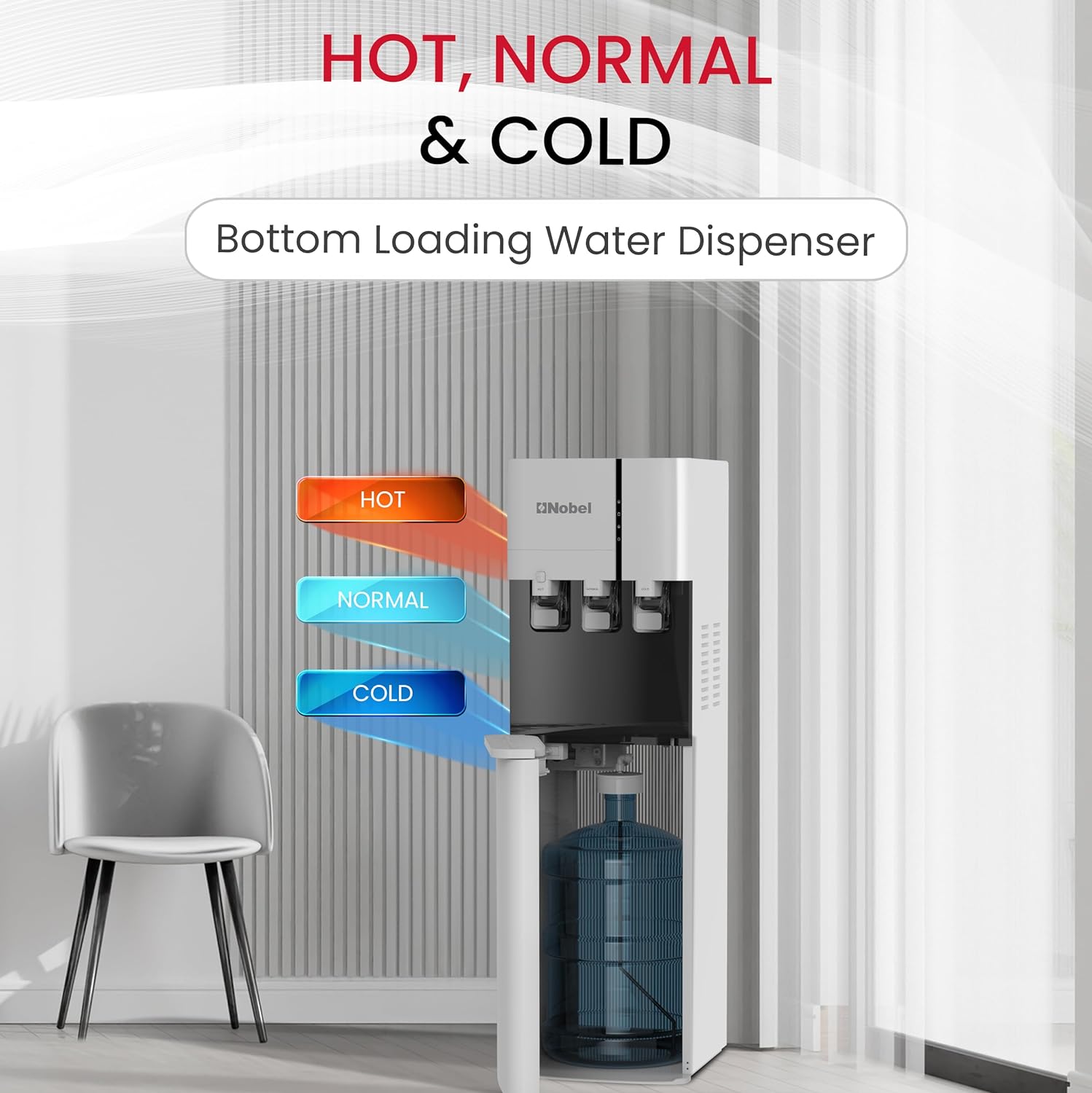 Nobel Water Dispenser, 3 Taps, Hot, Normal, Cold, Bottom Loading, Child Safety Lock NWD800BL White-2