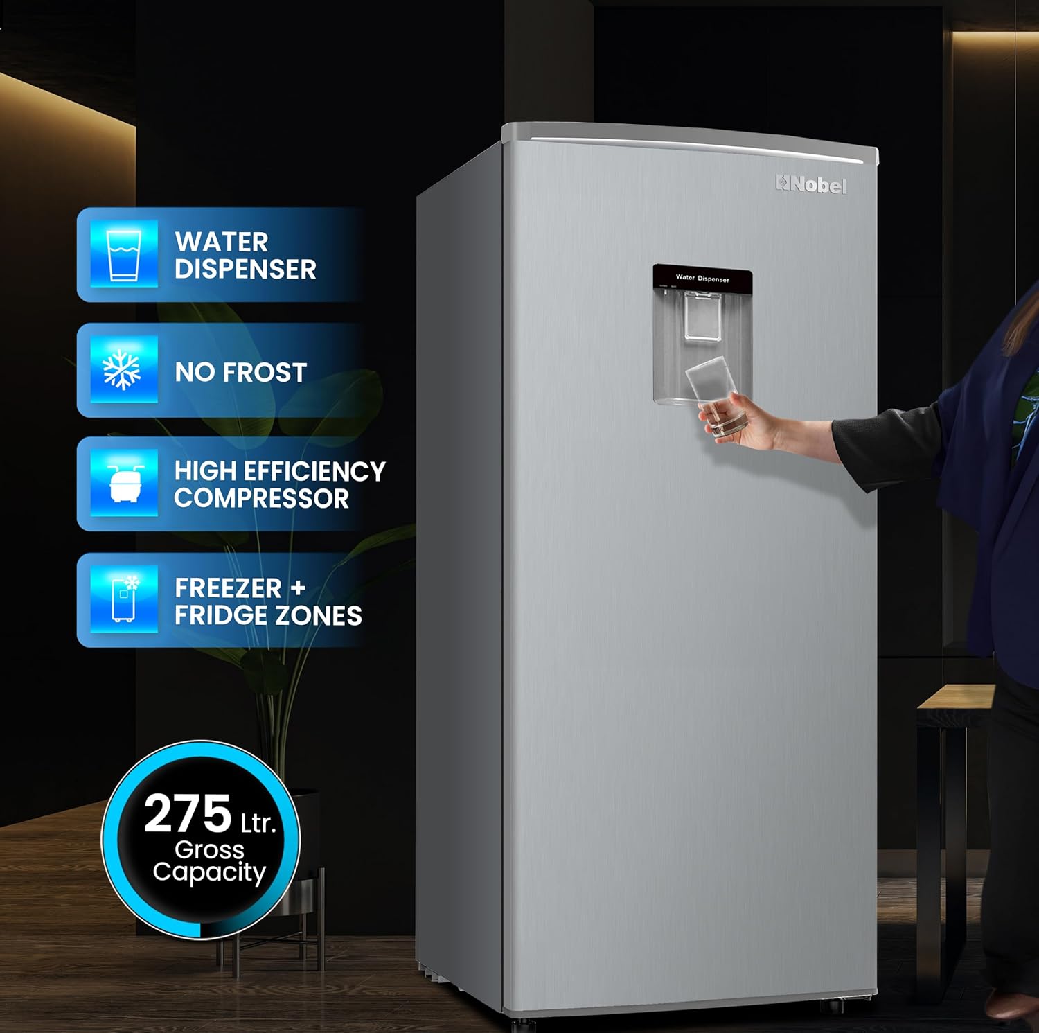210L Gross, 190L Net Single Door Refrigerator with Water Dispenser, Defrost, Recessed Handle, Vegetable Crisper - NR210SS-2