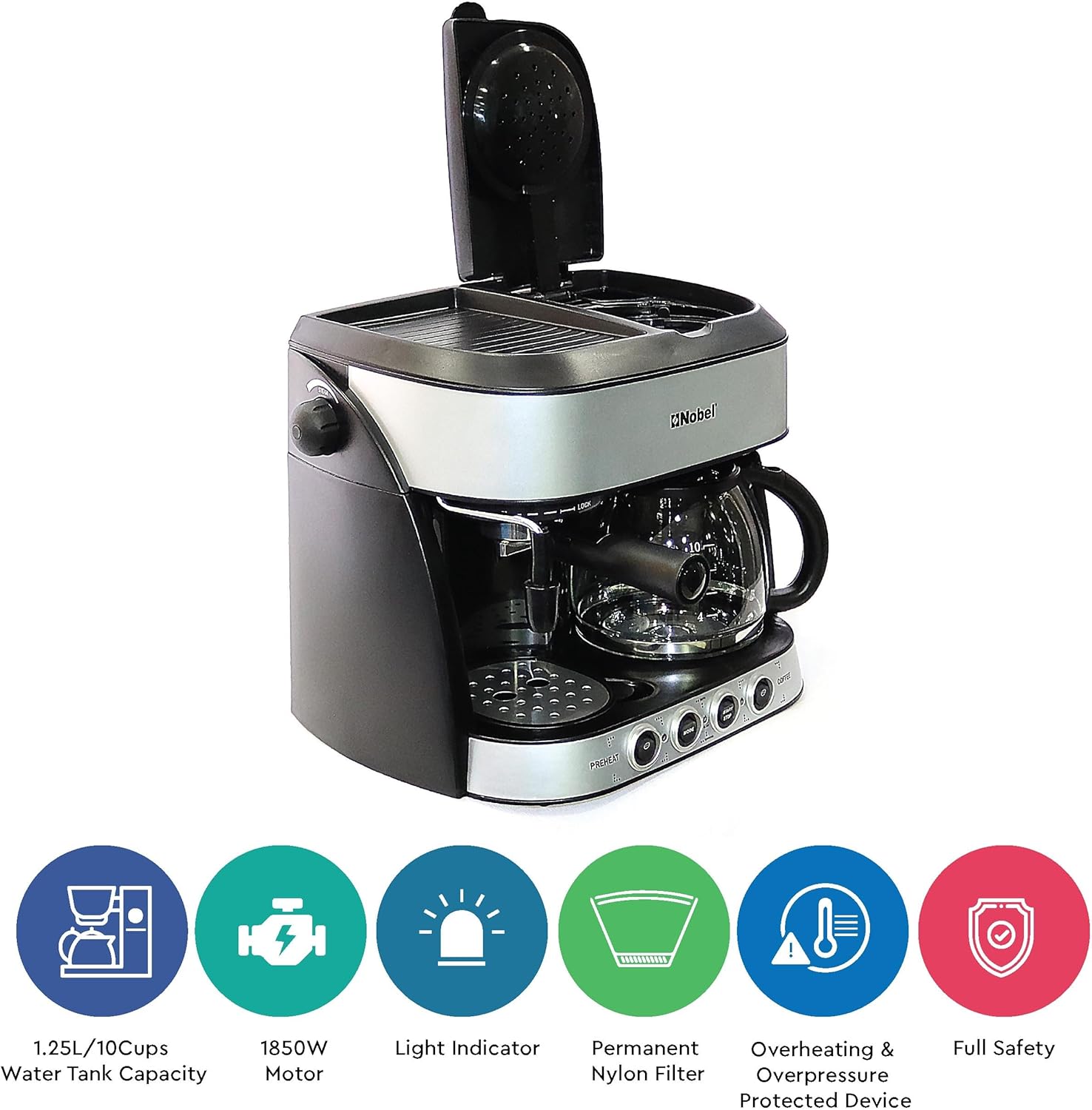 Nobel Coffee Machine 1.25 Liter Espresso & Americano With Steam Pump One Year Full Warranty, Silver - NCM13-7