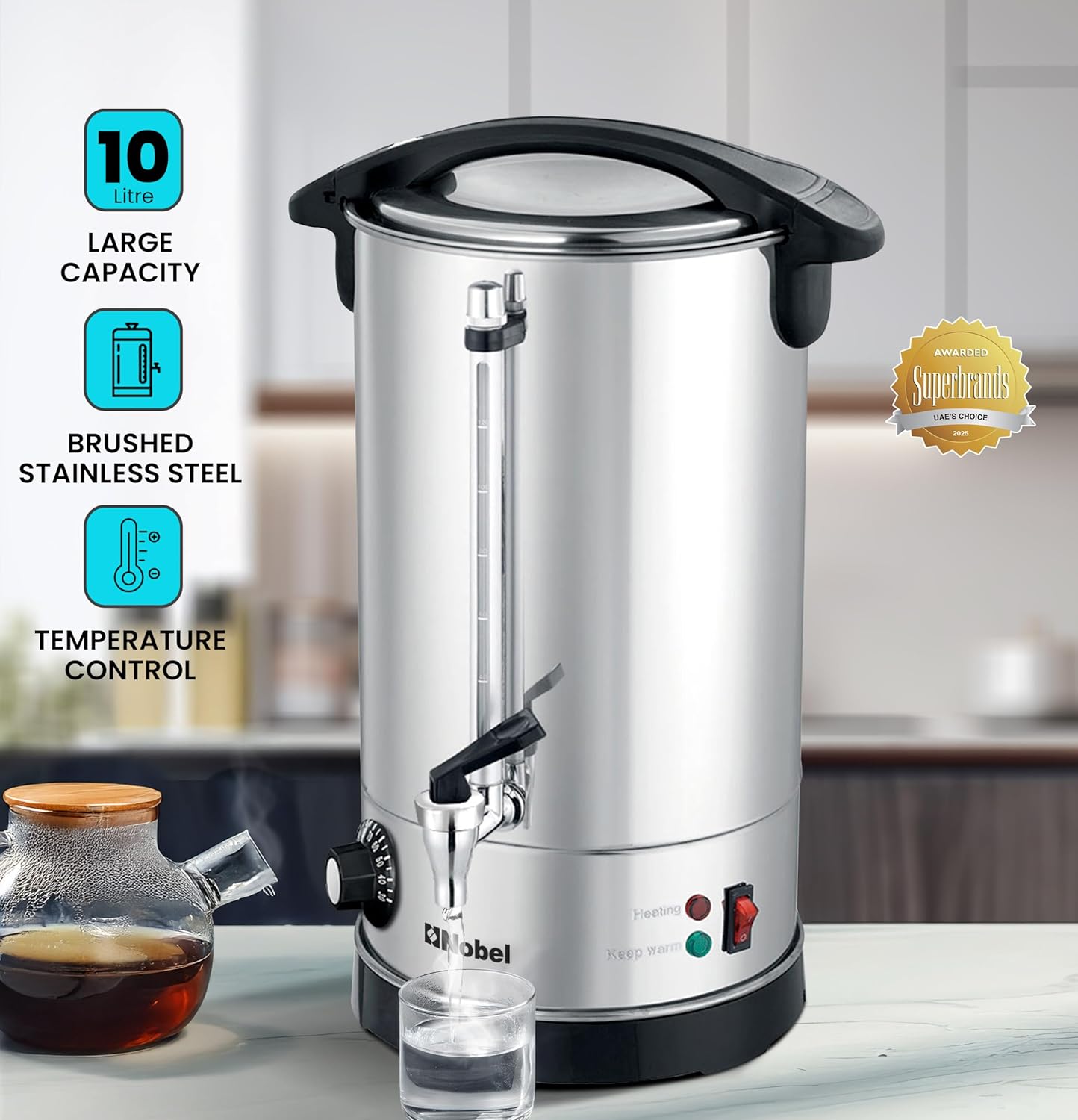 Nobel 10L Water Boiler – Stainless Steel Double Wall, Safety Lock Lid, Non-Drip Faucet, Keep Warm Function - NWB1000