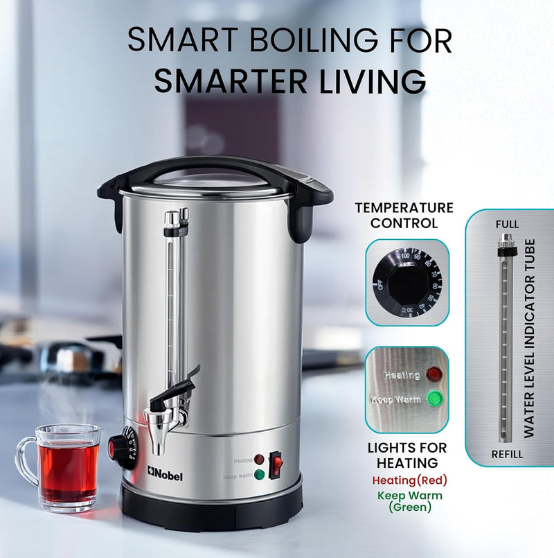Nobel Water Boiler 1500W 16L Double Wall Stainless Steel, Safety Lock Lid, Non-Drip Brass Faucet, Keep Warm Function - NWB1600-4