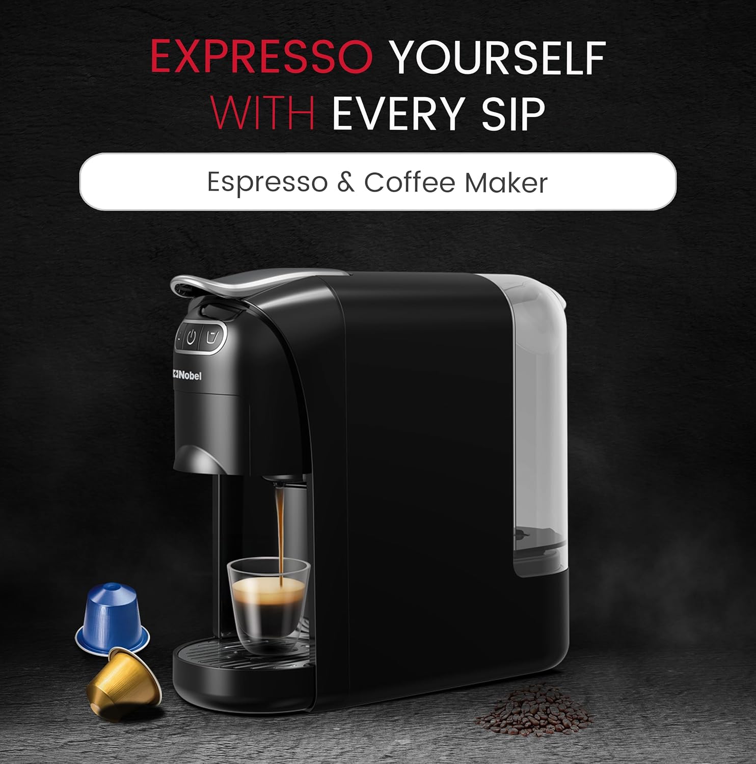 Nobel Multi-Capsule Coffee Machine 1400W Compatible with Nespresso, Dolce Gusto & Ground Coffee, 700ml Tank, Fast Heating in 40 Seconds - NCM35C