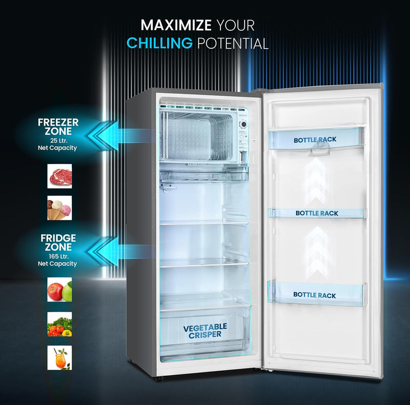 210L Gross, 190L Net Single Door Refrigerator with Water Dispenser, Defrost, Recessed Handle, Vegetable Crisper - NR210SS-4