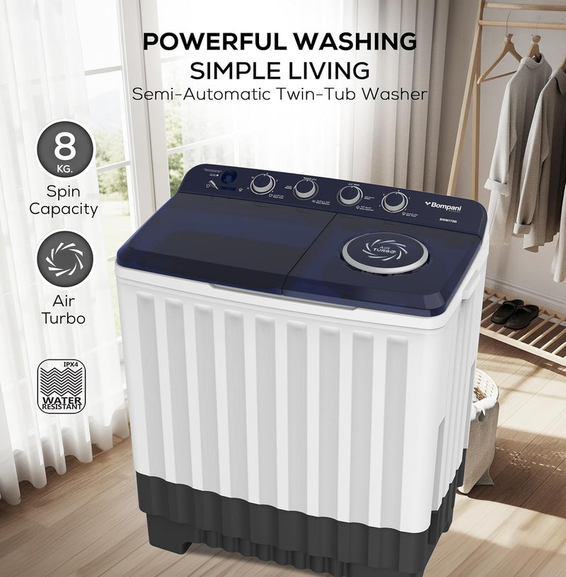 Bompani 17kg Top Load Semi-Automatic Twin Tub Washing Machine – 8kg Spin Capacity, 4 Knob Controls, Lint Filter, Transparent Lid - BWM1750I-3
