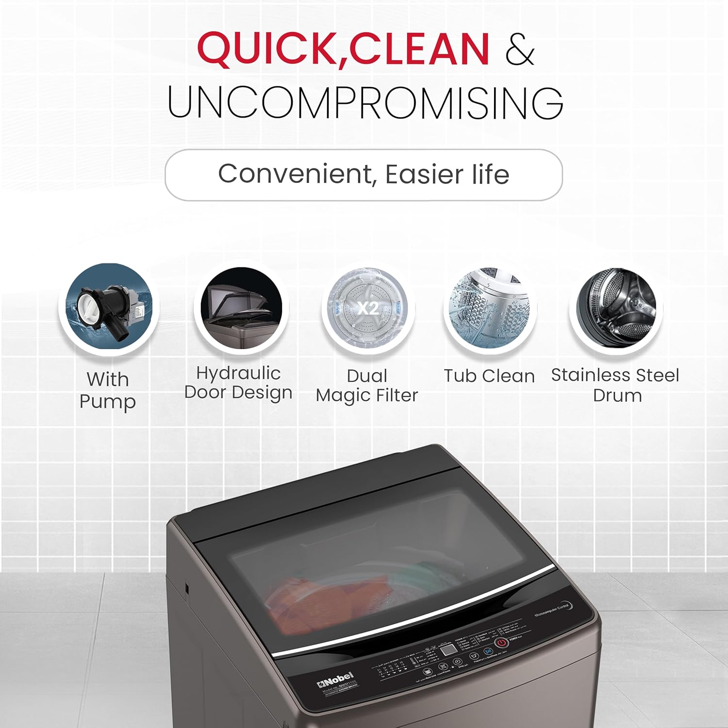 Nobel Washing Machine 10kg Capacity, Electronic Control, LED Display, 6 Programs NWM1150 Silver-3