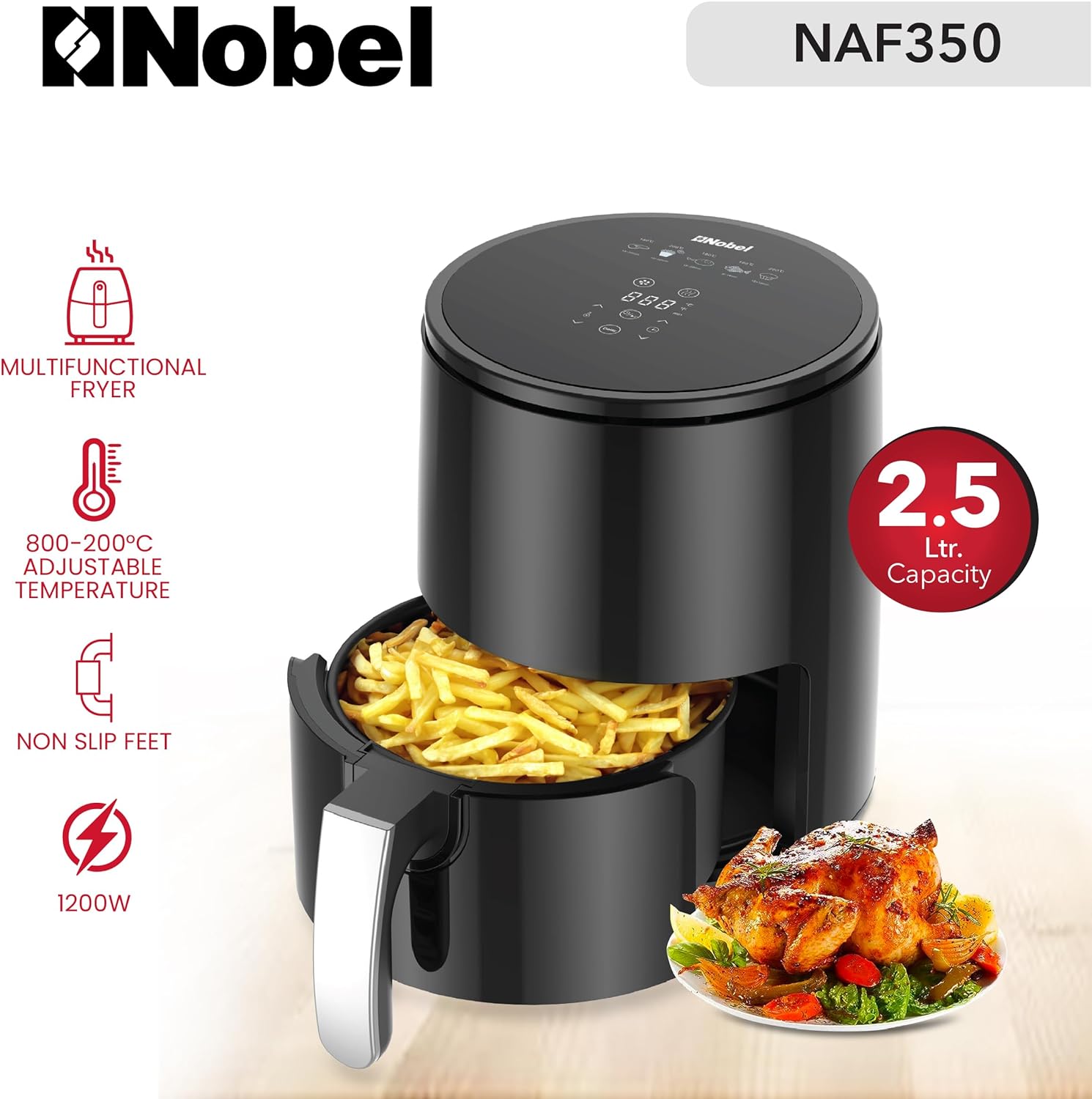 Nobel 2.5 Ltrs Multifunctional Air fryer with 6 Preset Programs, Overheat Prevention, Digital Touch with 1-60 Min Timer 1200W NAF350 Black-2