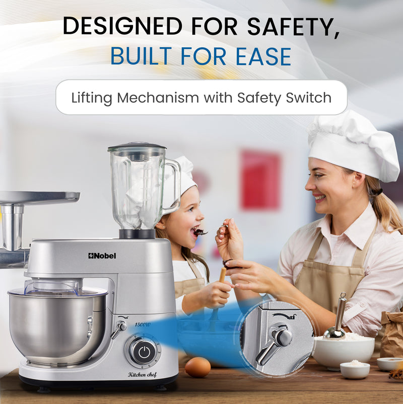 Nobel 3 in 1 Food Processor Multifunctional Stand Mixer with 7.0 L Stainless Steel Bowl & 1.5L Juicer Blender with 6 Speeds For A Variety Of Mixing Tasks NBM100S Silver-8