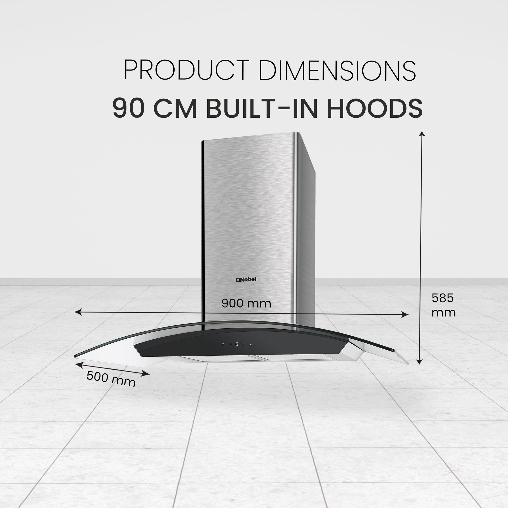 Nobel 60cm Built-in Hoods Touch Control Switch with Digital Display with 3 Speeds, Metal Motor House And Metal Fan, 750m3/h. 2x500 430SS Chimneys NCH60CG-8