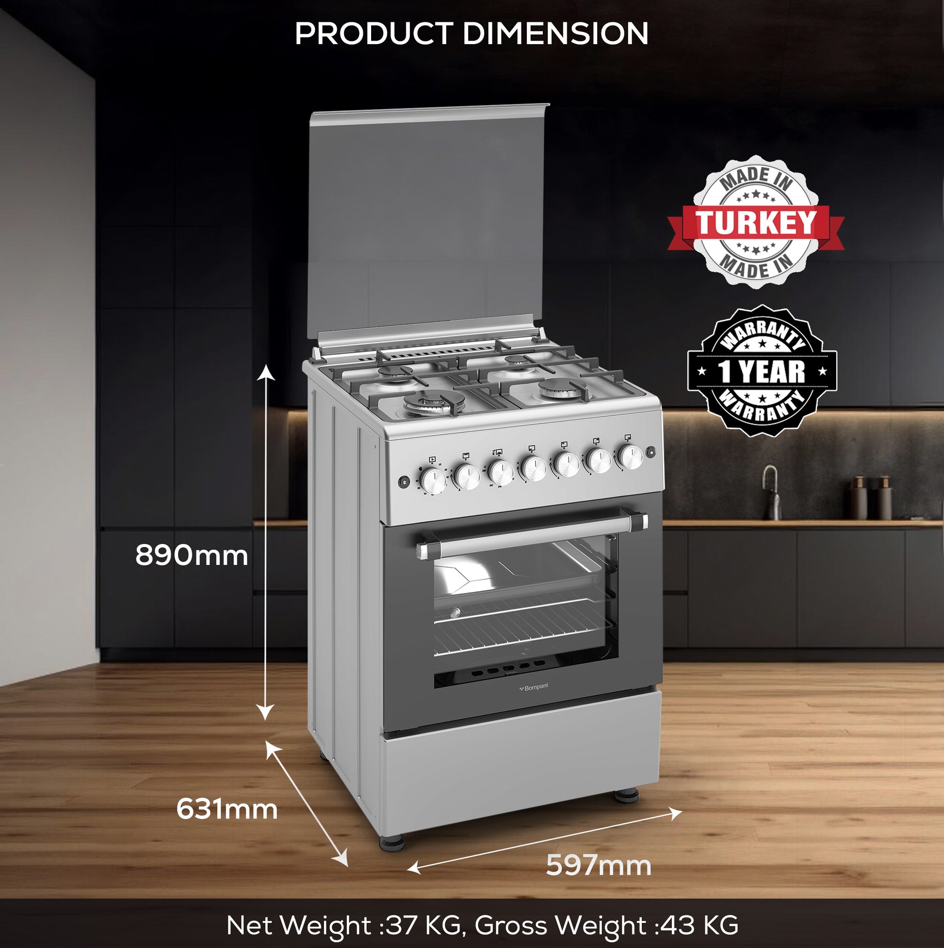 Bompani Gas Cooking range 60X60 Cm Full Safety,4 Gas Burners, Mechanical Timer - BO613YAL-8