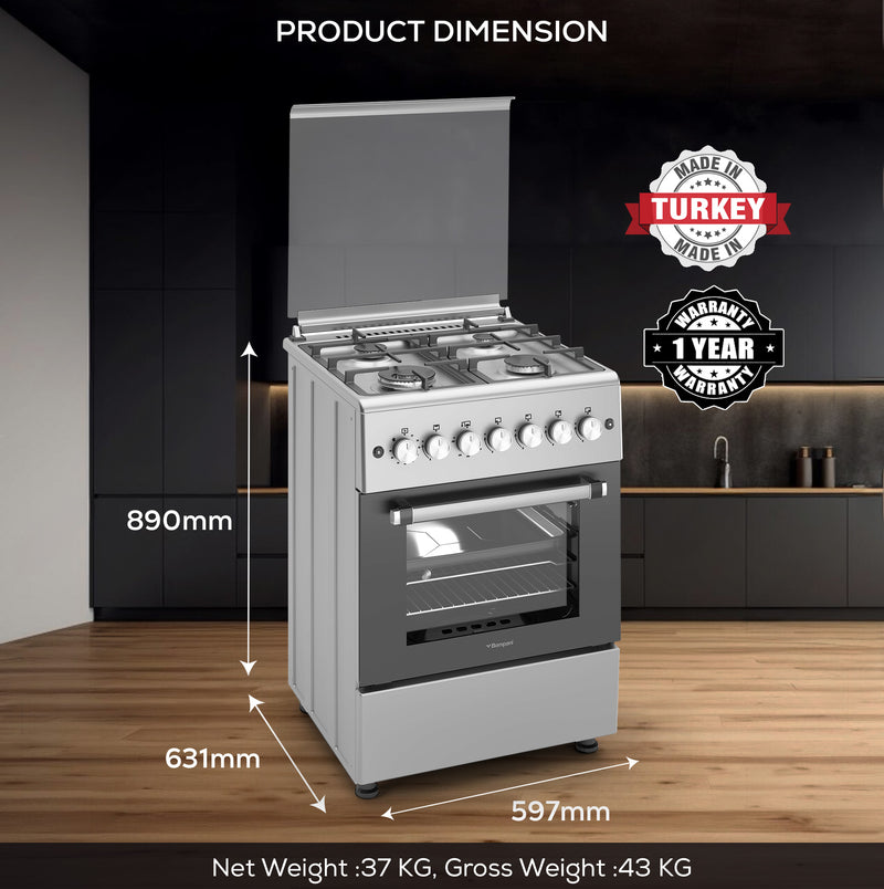 Bompani Gas Cooking range 60X60 Cm Full Safety,4 Gas Burners, Mechanical Timer - BO613YAL-8