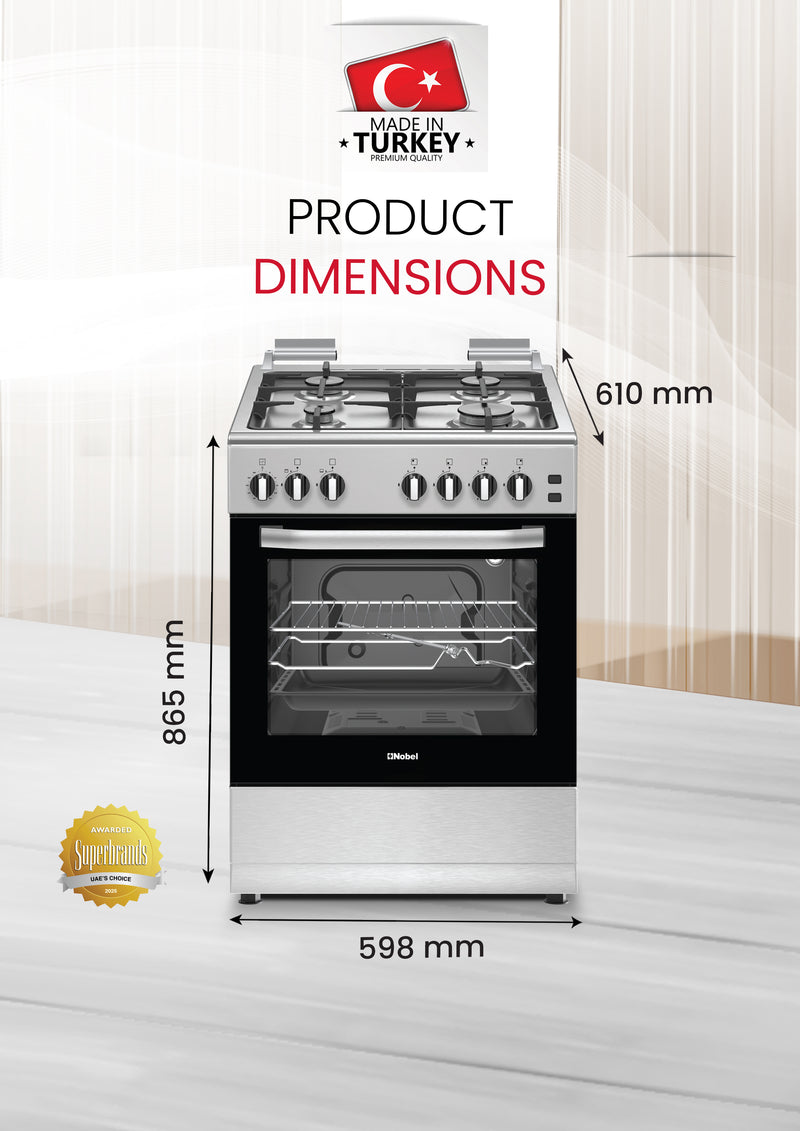 60x60 Free Standing Gas Cooker with Gas Oven & Grill 4 Gas Burners, Full Safety, Made in Turkey - NGC6062-8