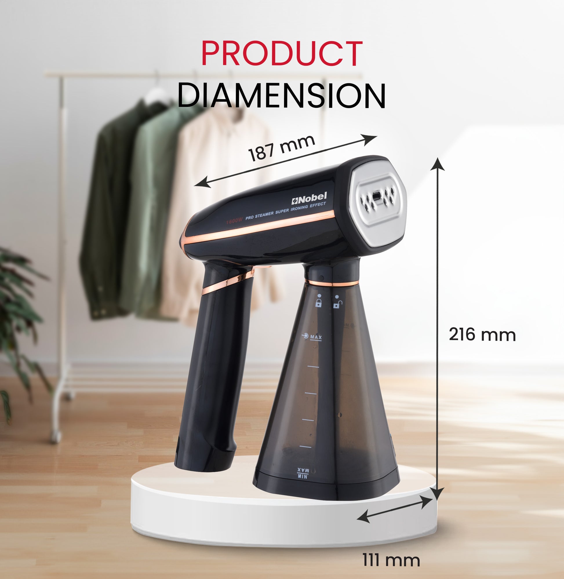 Nobel Steam Iron, Stainless Steel Panel, Detachable Water Tank, Steam Brush, 360° Rotational Swivel Handgrip, Pilot Light, Folded Handle, LED Indicator Lights, Auto-shut Off NSI33 Black-8