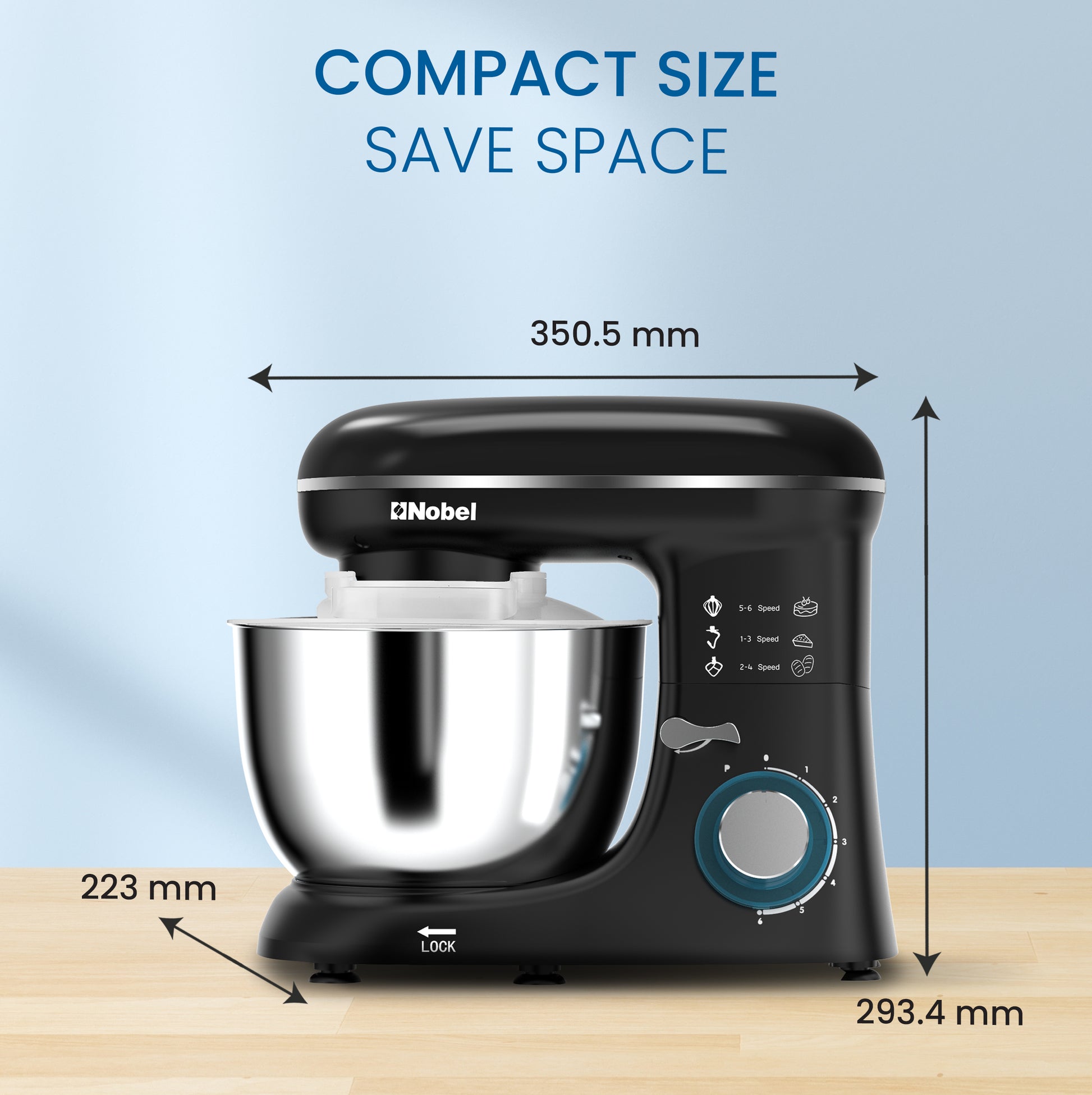 Nobel Stand Mixer, Full Metal Gear System, 4L Stainless Steel Bowl - 6 Speeds, LED, Safety Switch, Anti-slip Feet, 800W NBM60 Black-8
