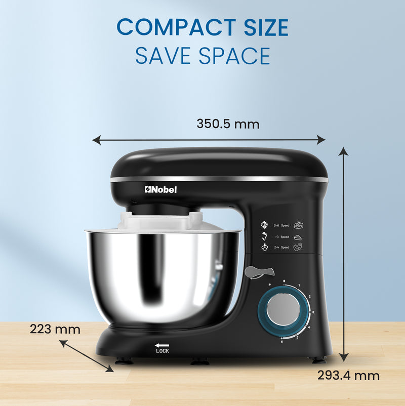 Nobel Stand Mixer, Full Metal Gear System, 4L Stainless Steel Bowl - 6 Speeds, LED, Safety Switch, Anti-slip Feet, 800W NBM60 Black-8