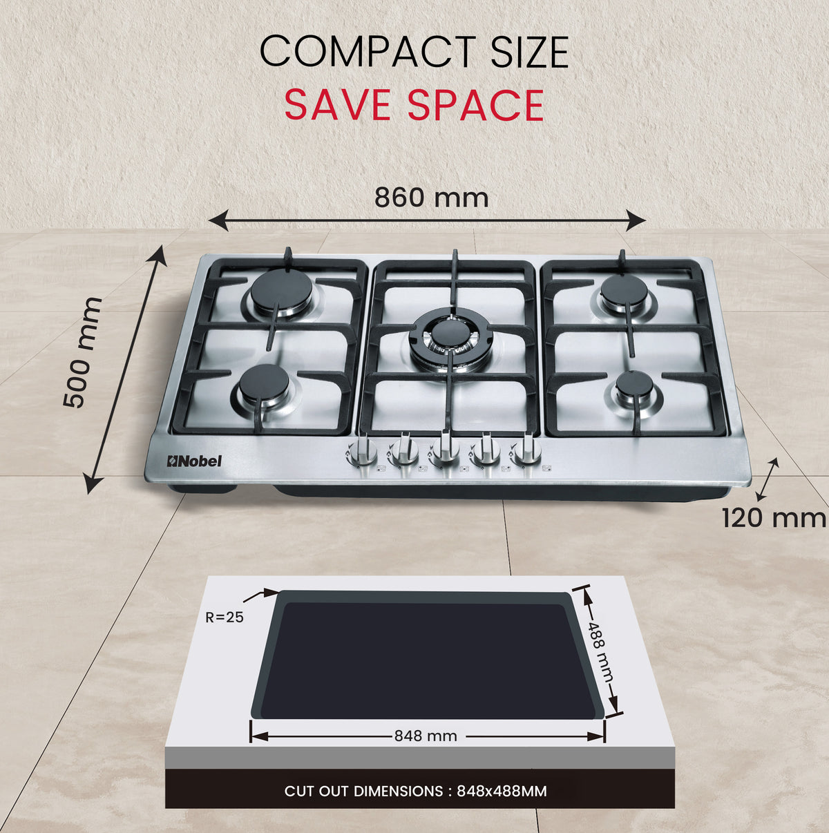 Nobel Gas Hobs Stainless Steel 90 Cm 5 Gas Burners Ffd NBH9501-8