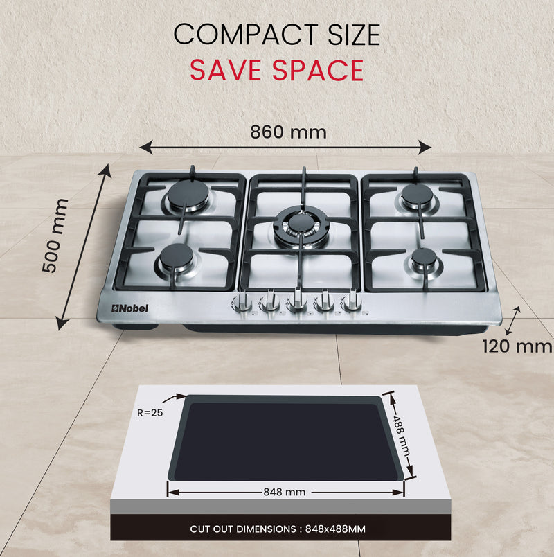 Nobel Gas Hobs Stainless Steel 90 Cm 5 Gas Burners Ffd NBH9501-8