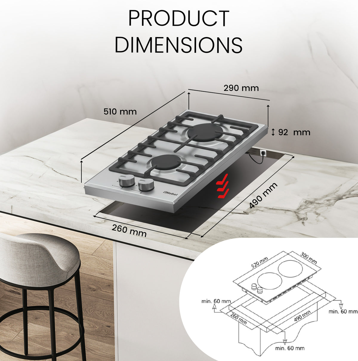 Builtin - Hobs Stainless Steel 30cm 2 Gas Burners NBH3202SSH-8