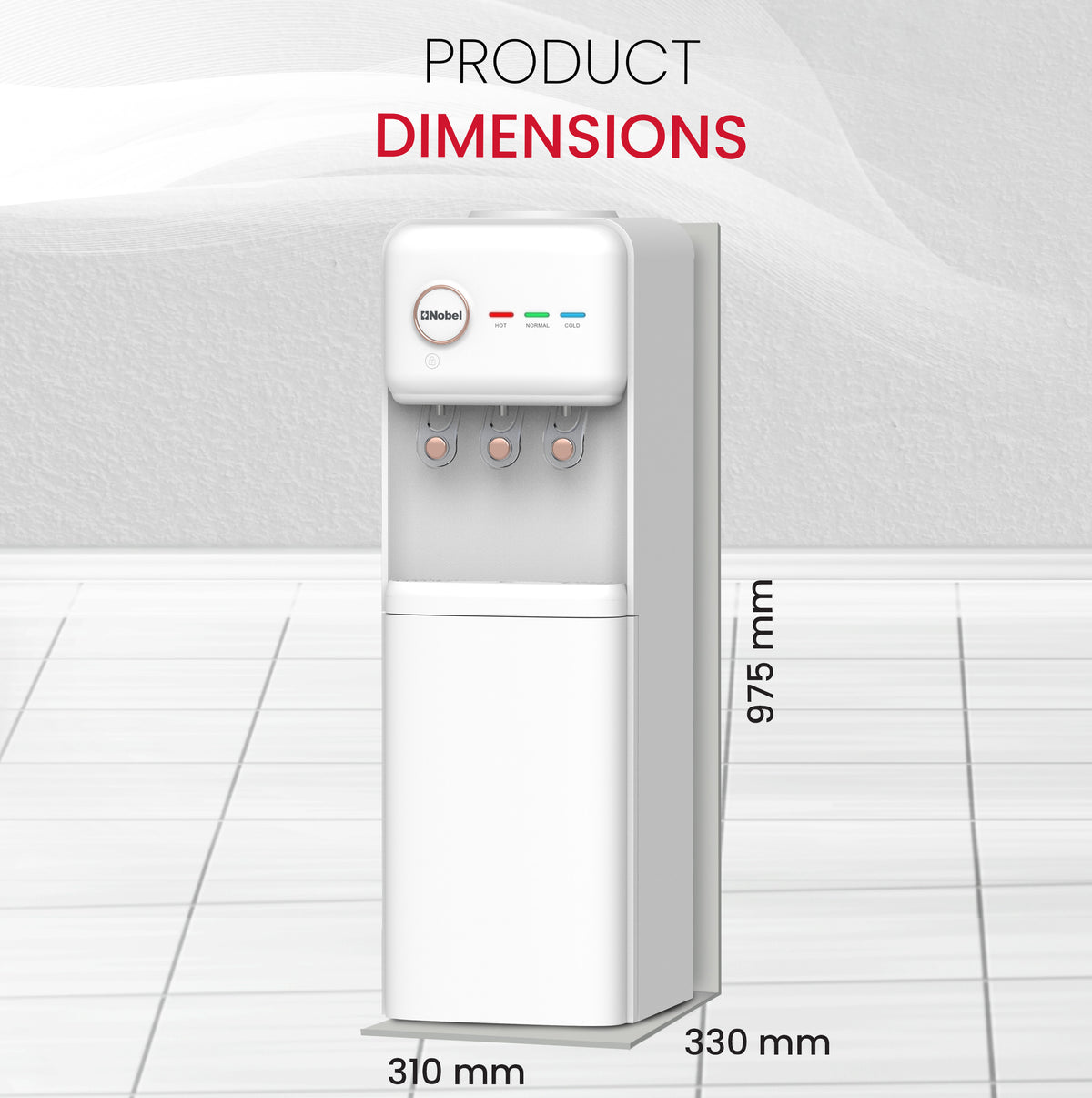 Nobel Freestanding 3 Tap Water Dispenser with Hot, Normal & Cold Taps, Refrigerator, 670W Power - NWD1608R White-8
