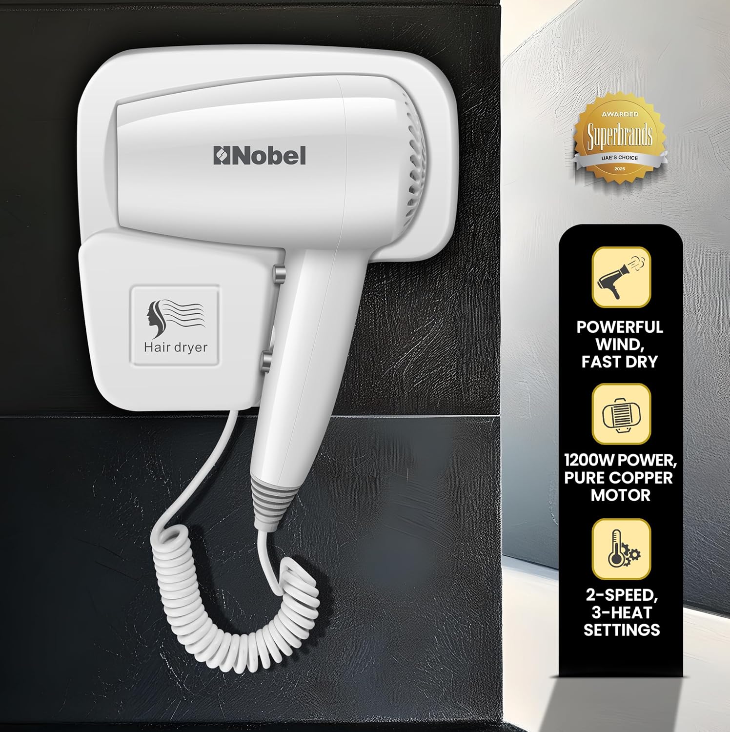 Nobel Hair Dryer 200W with Pure Copper DC Motor Fast Drying, Overheat Protection, Cool Button, Multiple Speeds & Heat Settings - NHDW1250-1