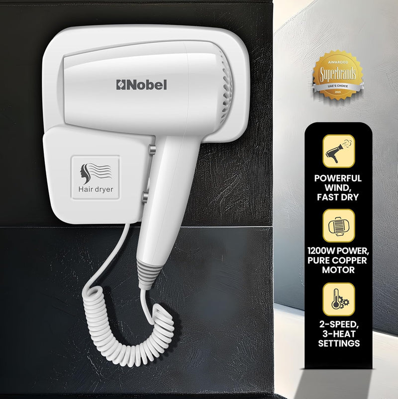 Nobel Hair Dryer 200W with Pure Copper DC Motor Fast Drying, Overheat Protection, Cool Button, Multiple Speeds & Heat Settings - NHDW1250-1