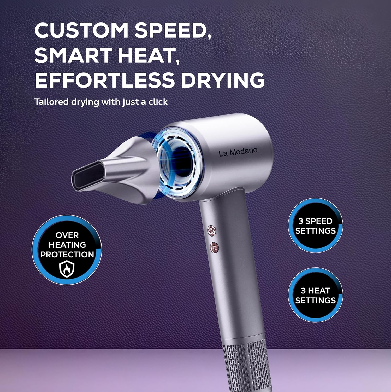 La Modano Professional Hair Dryer 1500W with Diffuser Fast Drying, BLDC Motor 110000RPM, 3 Speeds & Heat Settings - LMHD955-3