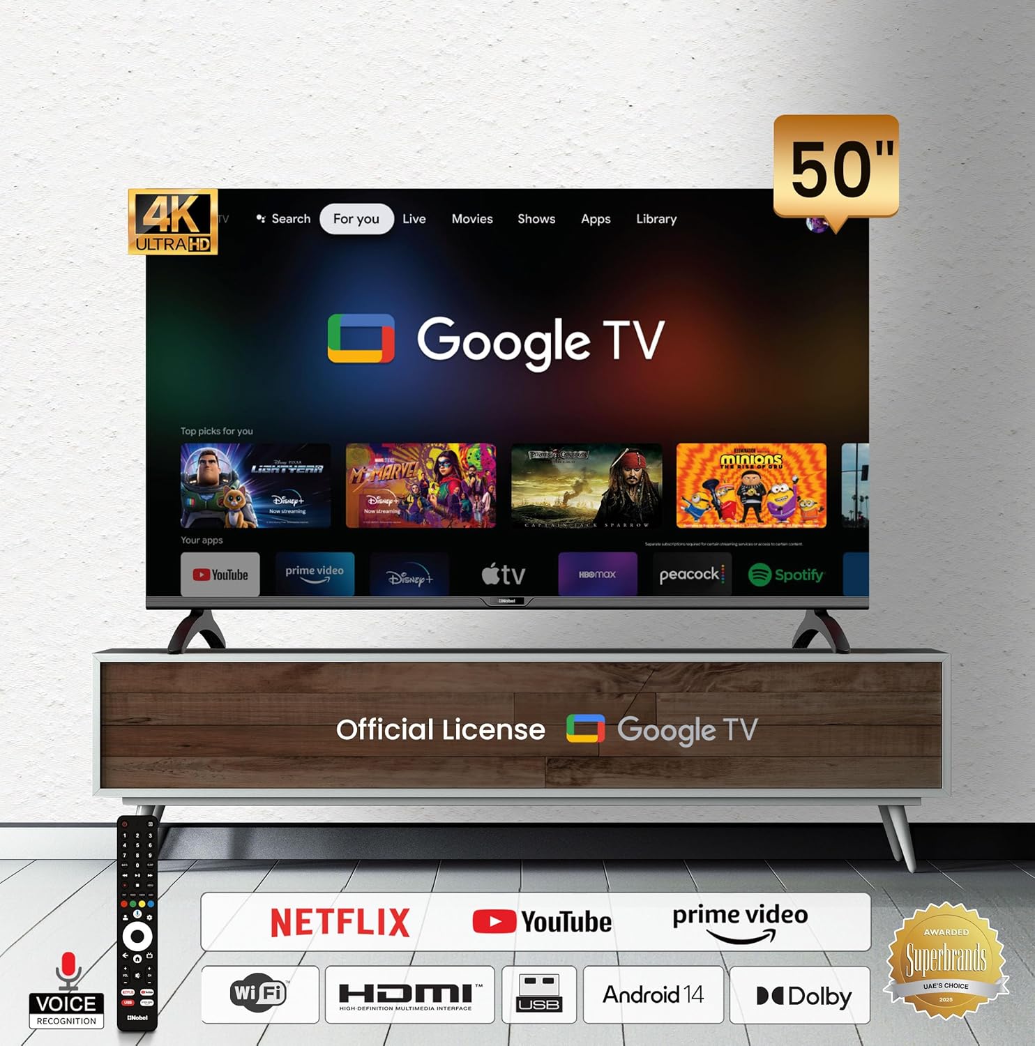 Nobel 50-Inch 4K UHD Google TV Smart TV, Dolby Sound & Voice Control, Android 14, Netflix YouTube Prime, Wi-Fi & Bluetooth Connectivity – UHD50G