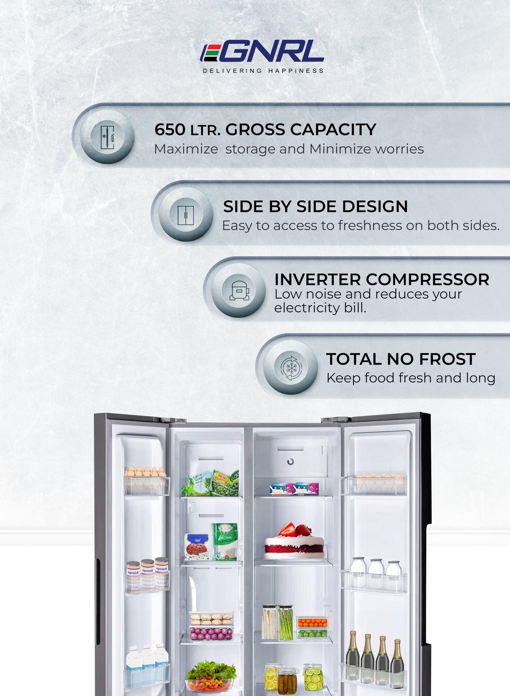 Side By Side Refrigerator Freezer 650 Liters Gross Capacity, Inverter Based, Digital Control - EGR820S-2