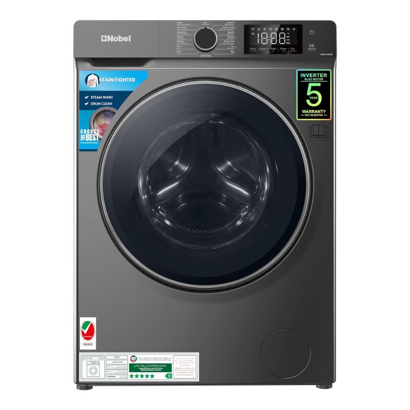 Nobel Front Load Washer-Dryer Combo, 12 KG Capacity, 16 Wash Cycles, BLCD Inverter Motor, Dial Touch Control Panel with LED Screen, Child Lock, 800W NWM1400WD Grey-1