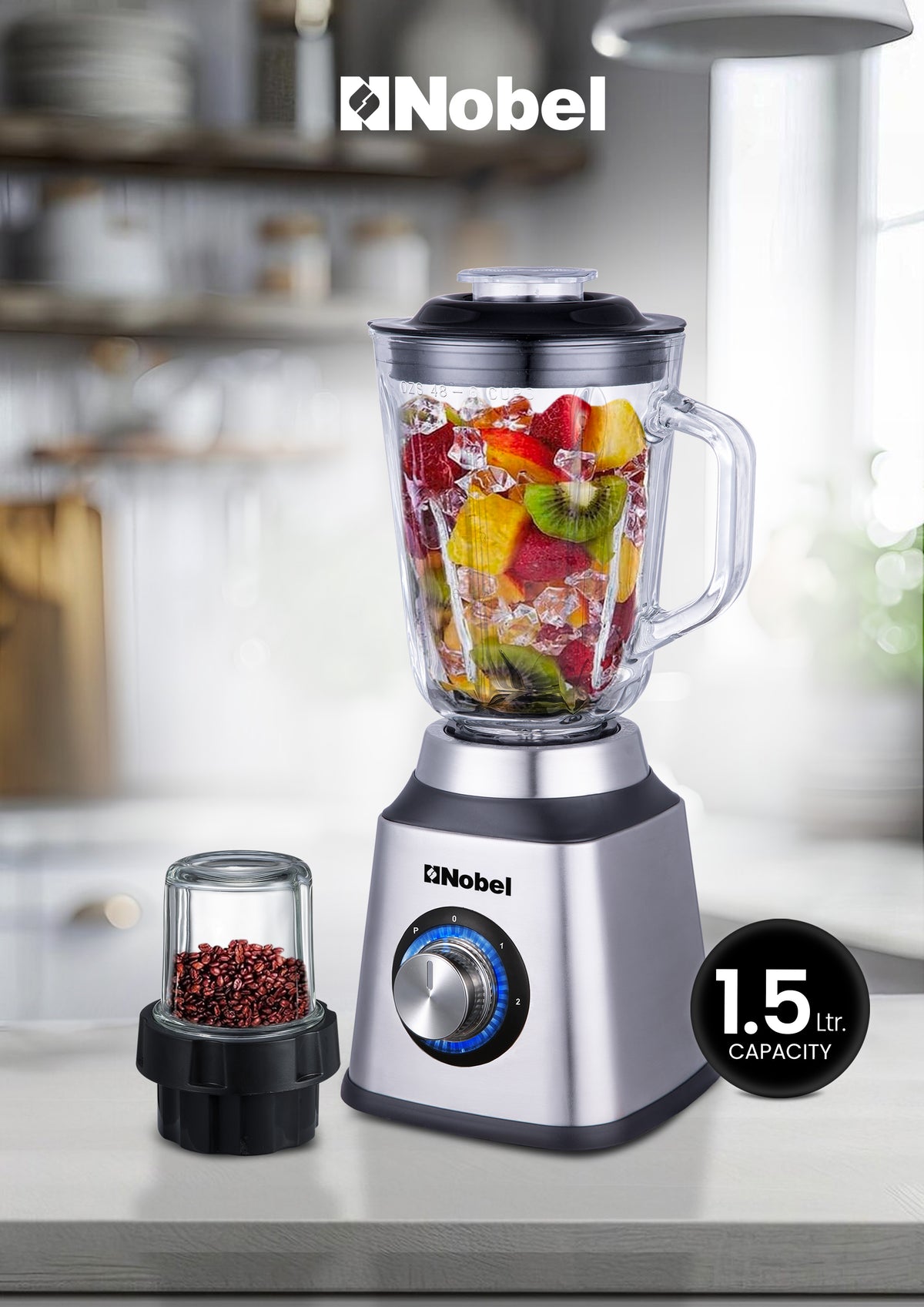 Nobel 2 in 1 Blender & Grinder, Stainless Steel Base, 1.5L Glass Jar & Grinder, 2 Speeds, Overheat Protection, LED Light, Powerful Motor NB515CRI Silver-1