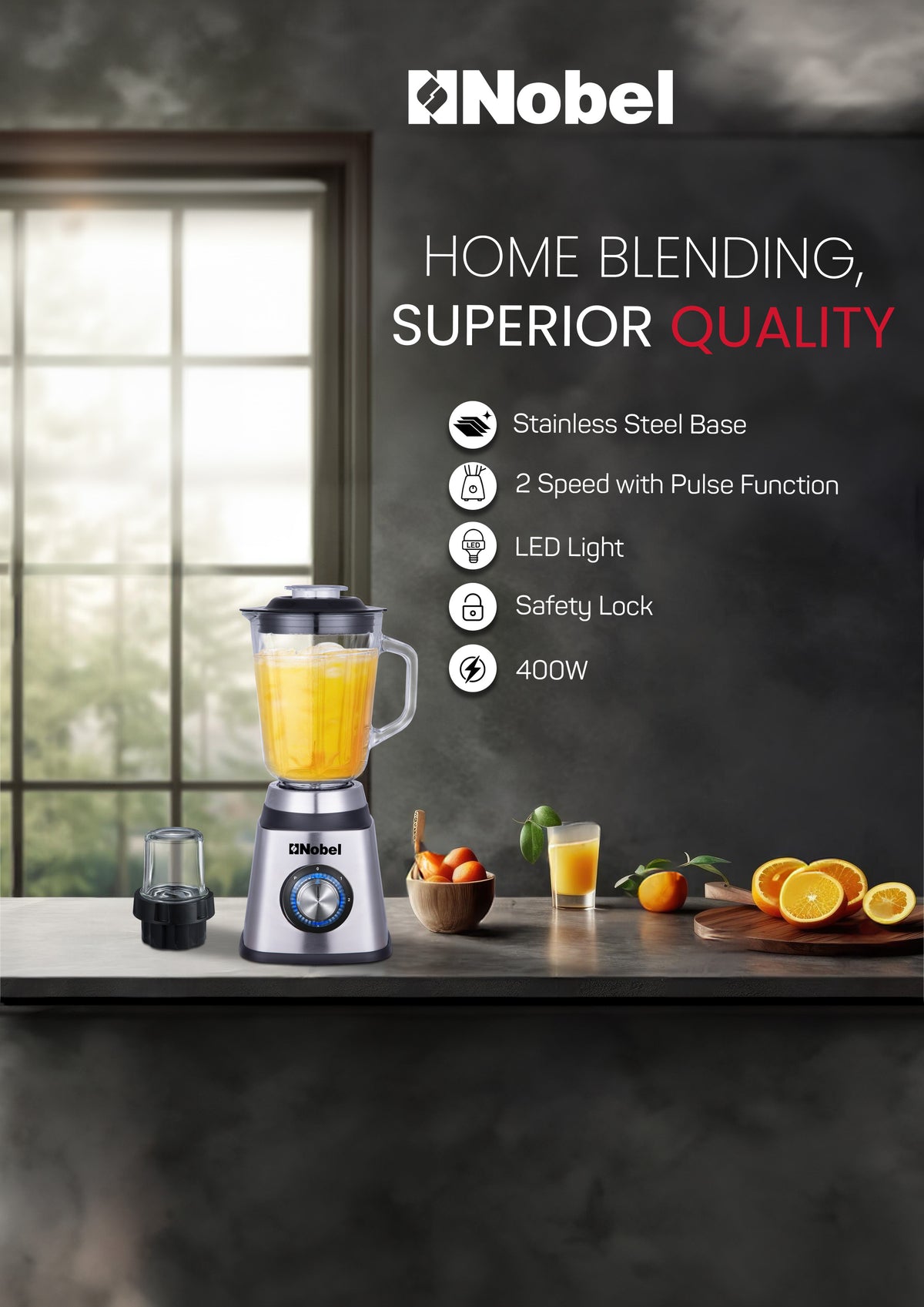 Nobel 2 in 1 Blender & Grinder, Stainless Steel Base, 1.5L Glass Jar & Grinder, 2 Speeds, Overheat Protection, LED Light, Powerful Motor NB515CRI Silver