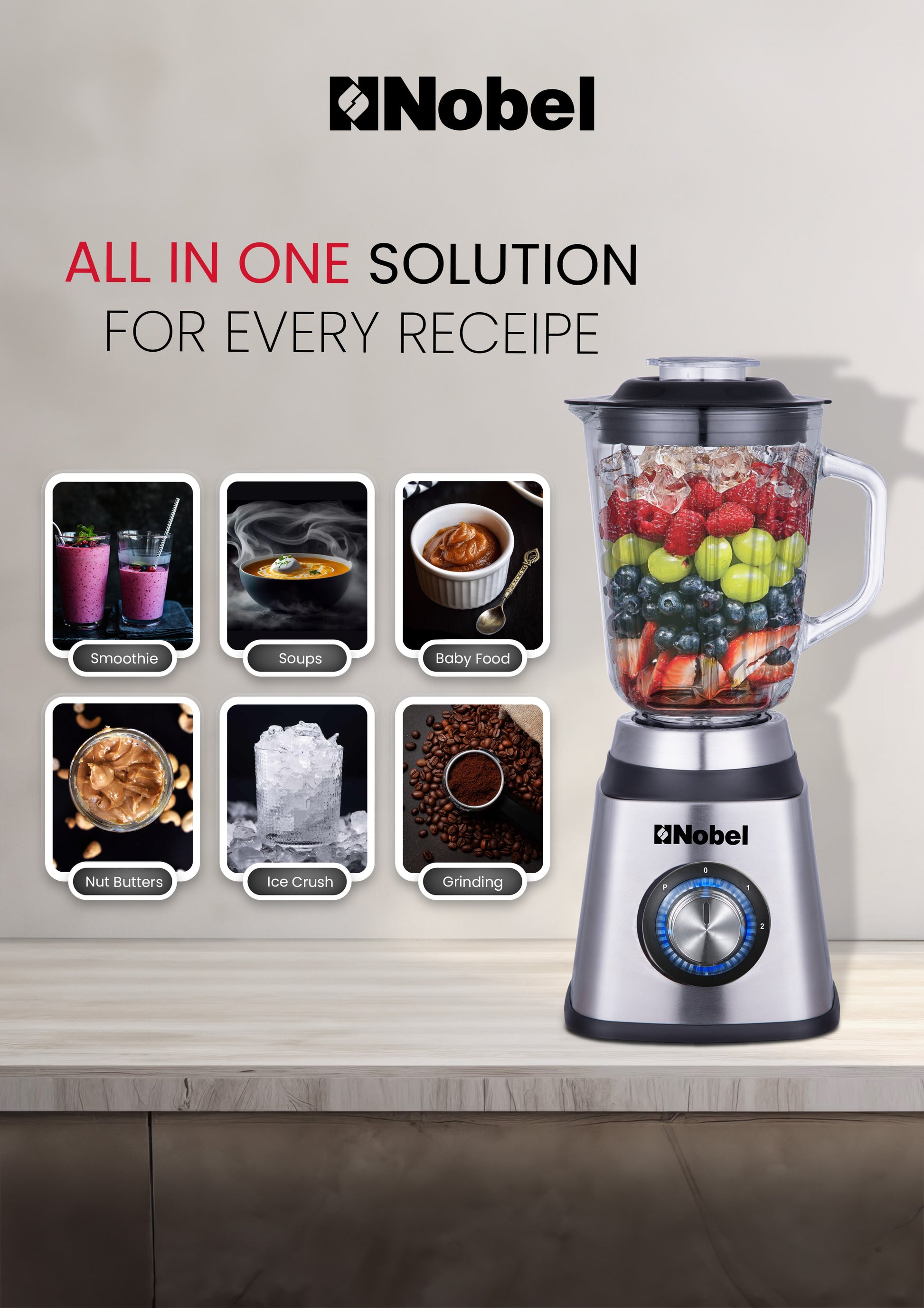 Nobel 2 in 1 Blender & Grinder, Stainless Steel Base, 1.5L Glass Jar & Grinder, 2 Speeds, Overheat Protection, LED Light, Powerful Motor NB515CRI Silver-5