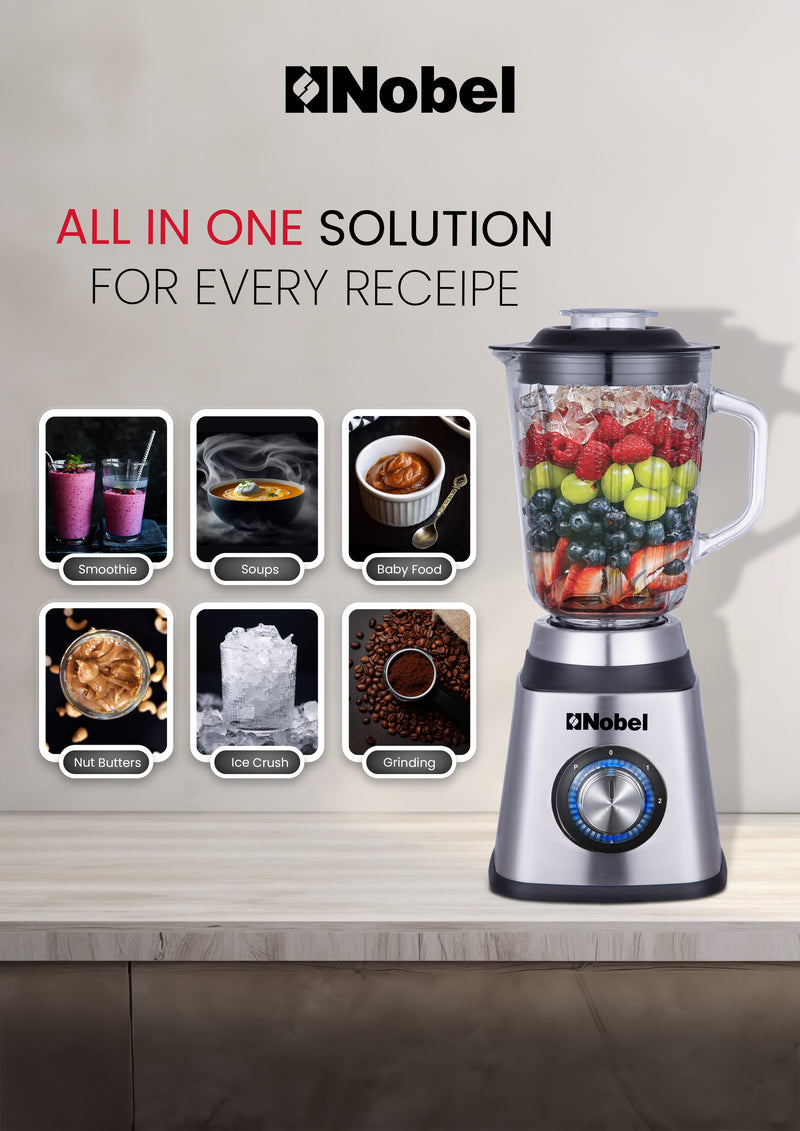Nobel 2 in 1 Blender & Grinder, Stainless Steel Base, 1.5L Glass Jar & Grinder, 2 Speeds, Overheat Protection, LED Light, Powerful Motor NB515CRI Silver-5