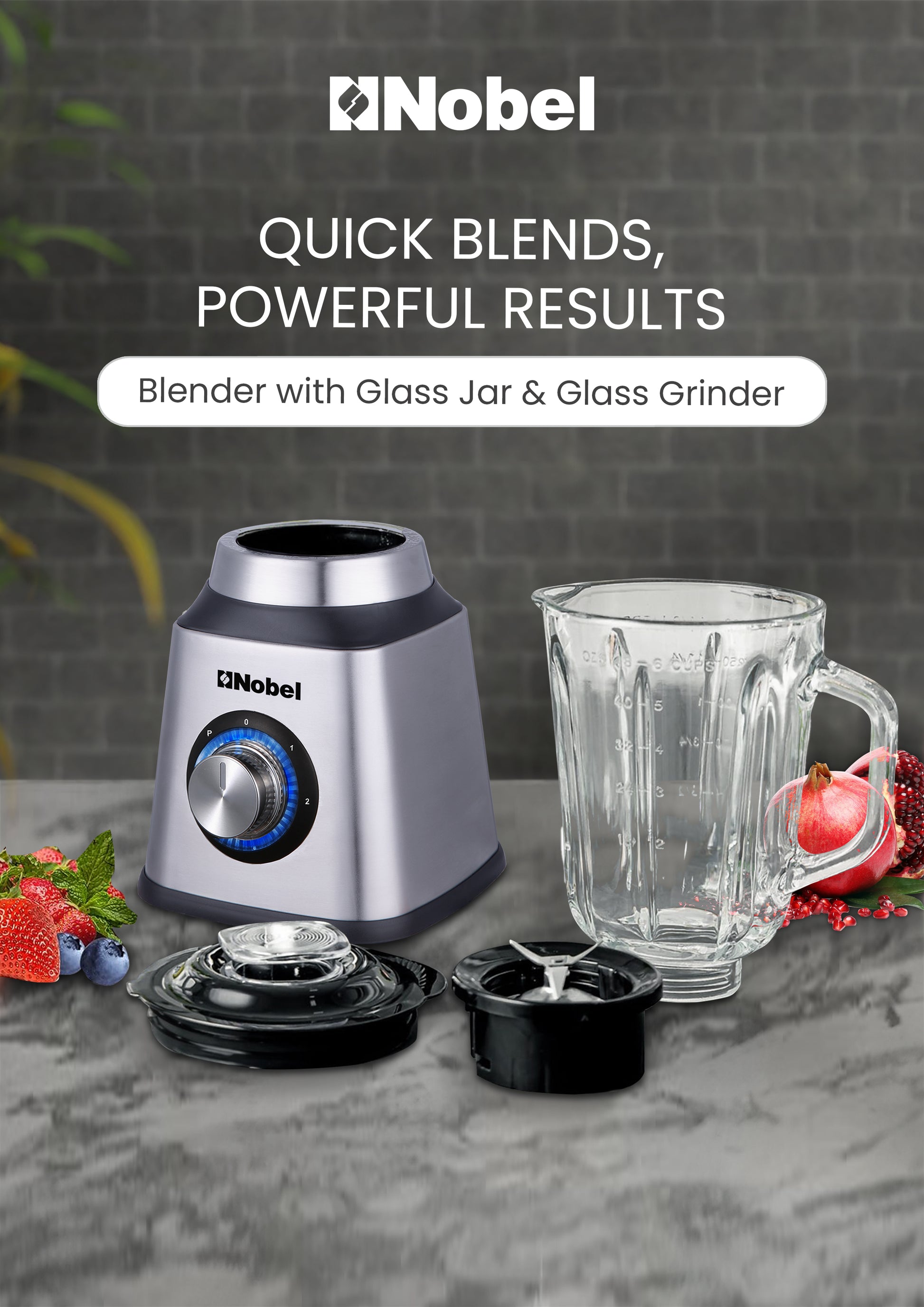 Nobel 2 in 1 Blender & Grinder, Stainless Steel Base, 1.5L Glass Jar & Grinder, 2 Speeds, Overheat Protection, LED Light, Powerful Motor NB515CRI Silver-6