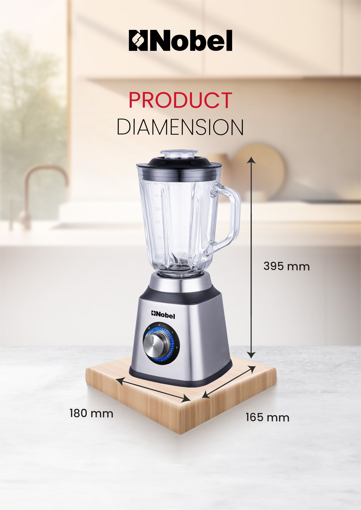 Nobel 2 in 1 Blender & Grinder, Stainless Steel Base, 1.5L Glass Jar & Grinder, 2 Speeds, Overheat Protection, LED Light, Powerful Motor NB515CRI Silver-4