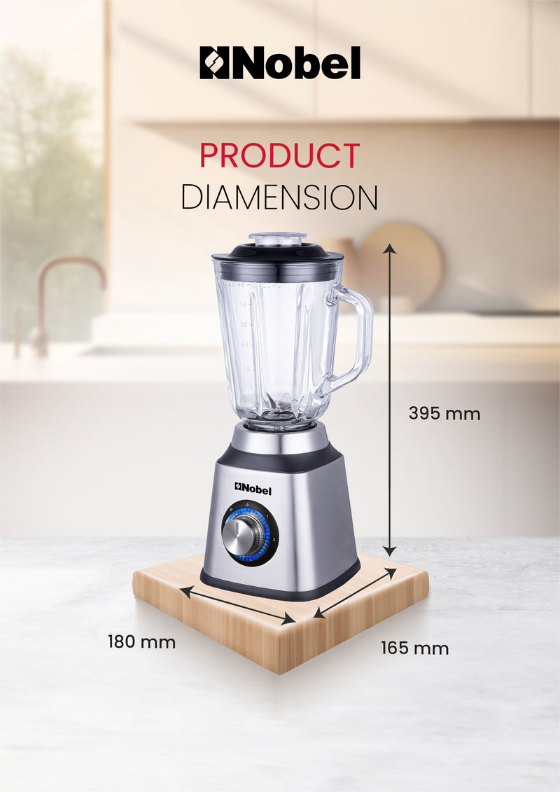 Nobel 2 in 1 Blender & Grinder, Stainless Steel Base, 1.5L Glass Jar & Grinder, 2 Speeds, Overheat Protection, LED Light, Powerful Motor NB515CRI Silver-4