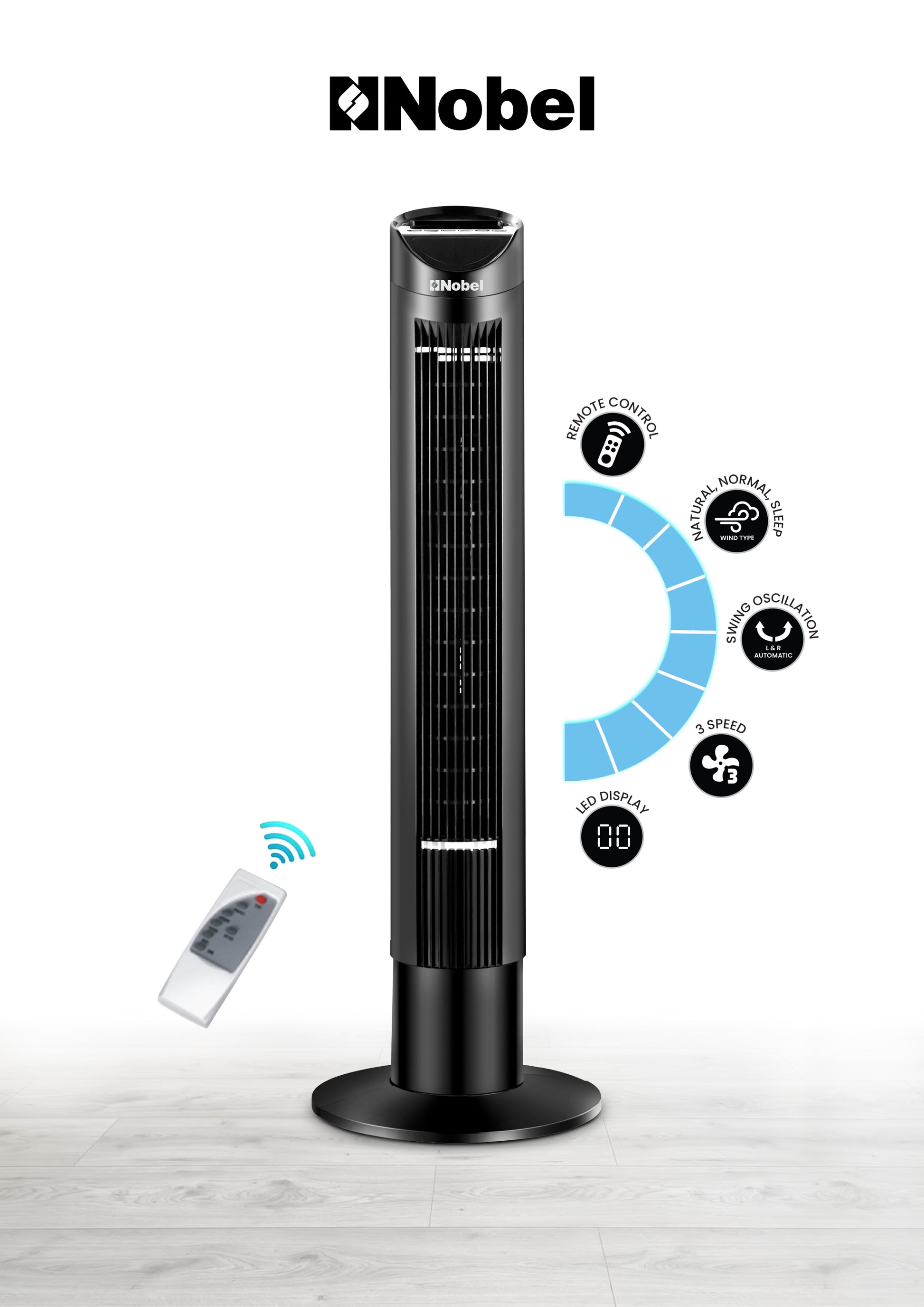 Nobel Tower Fan 3-Speed, Automatic Oscillation, 15-Hour Timer, Ionizer, LED Display NTF300R Black-1