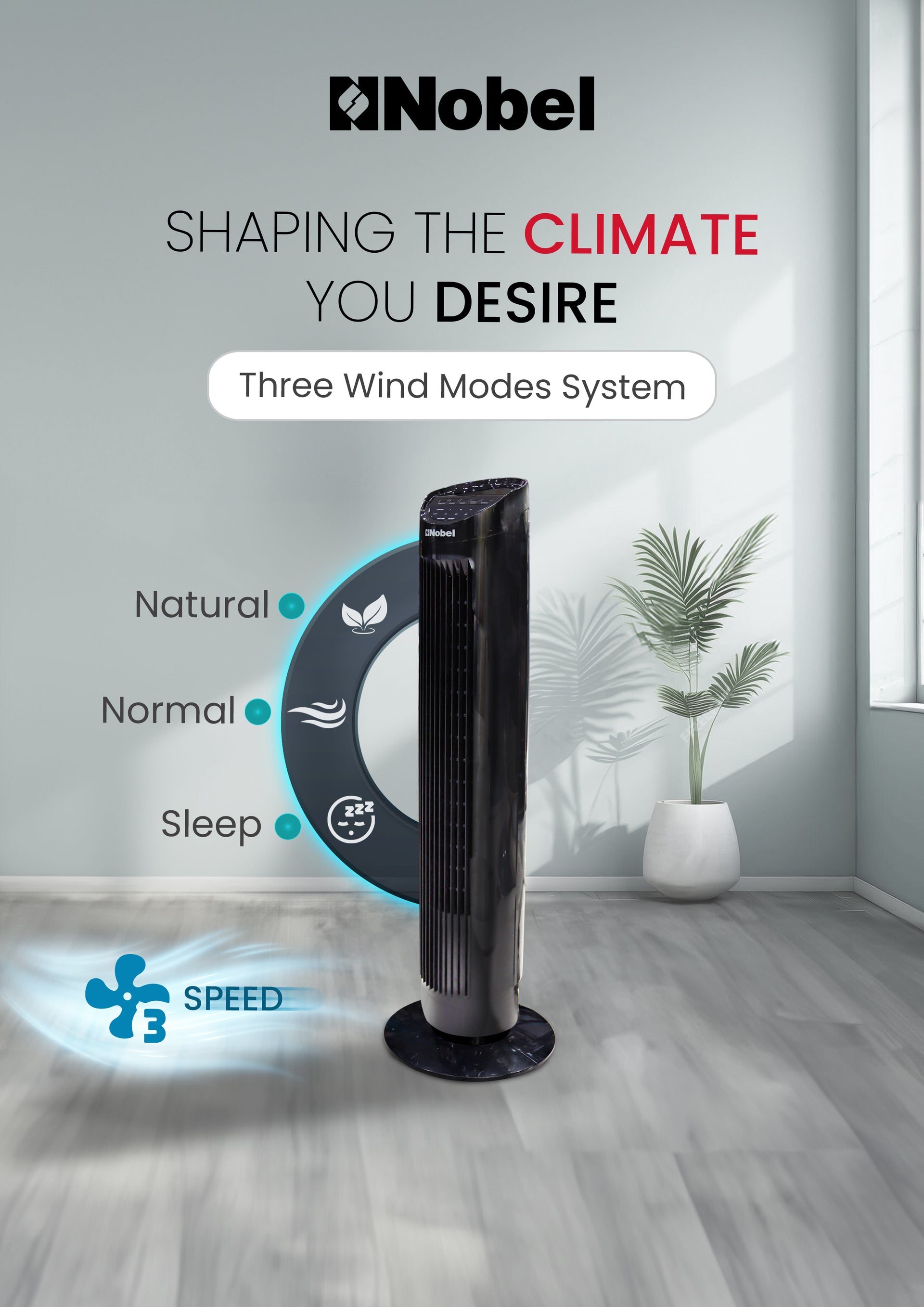 Nobel Tower Fan 3-Speed, Automatic Oscillation, 15-Hour Timer, Ionizer, LED Display NTF300R Black