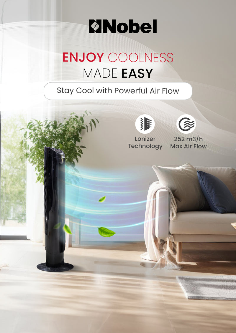 Nobel Tower Fan 3-Speed, Automatic Oscillation, 15-Hour Timer, Ionizer, LED Display NTF300R Black-3