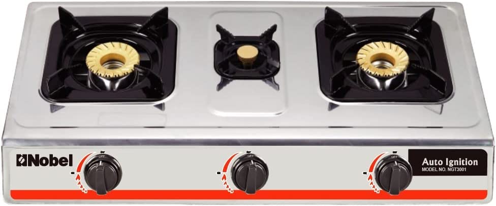 Nobel Gas Stove Stainless Steel Brass Glass Top Auto Ignition Tripple Burner NGT3001-1