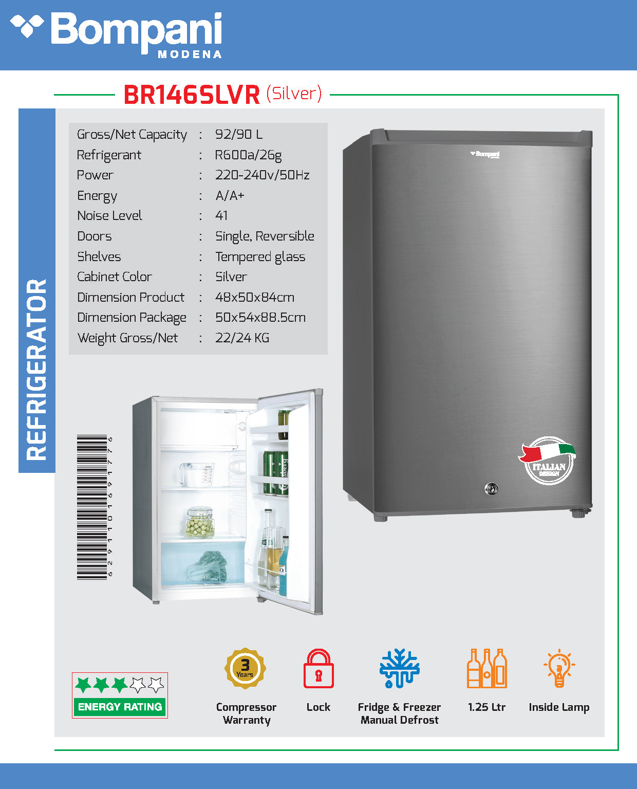 Bompani Refrigerator R600A 92 Ltrs  BR146SLVR-4