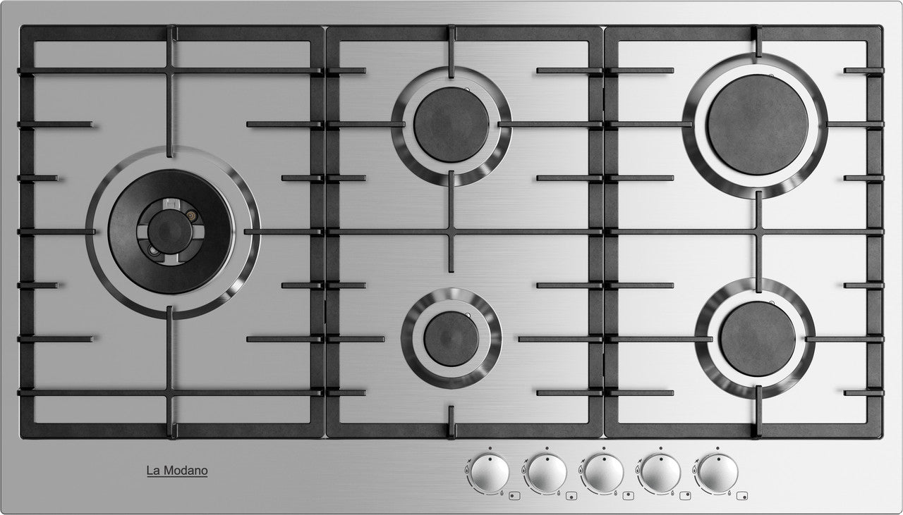 La Modano Gas Hobs Stainless Steel 90 Cm Knob Control 5 Sabaf Burners Ffd Cast Iron Pan Supports LMBH903GS-1