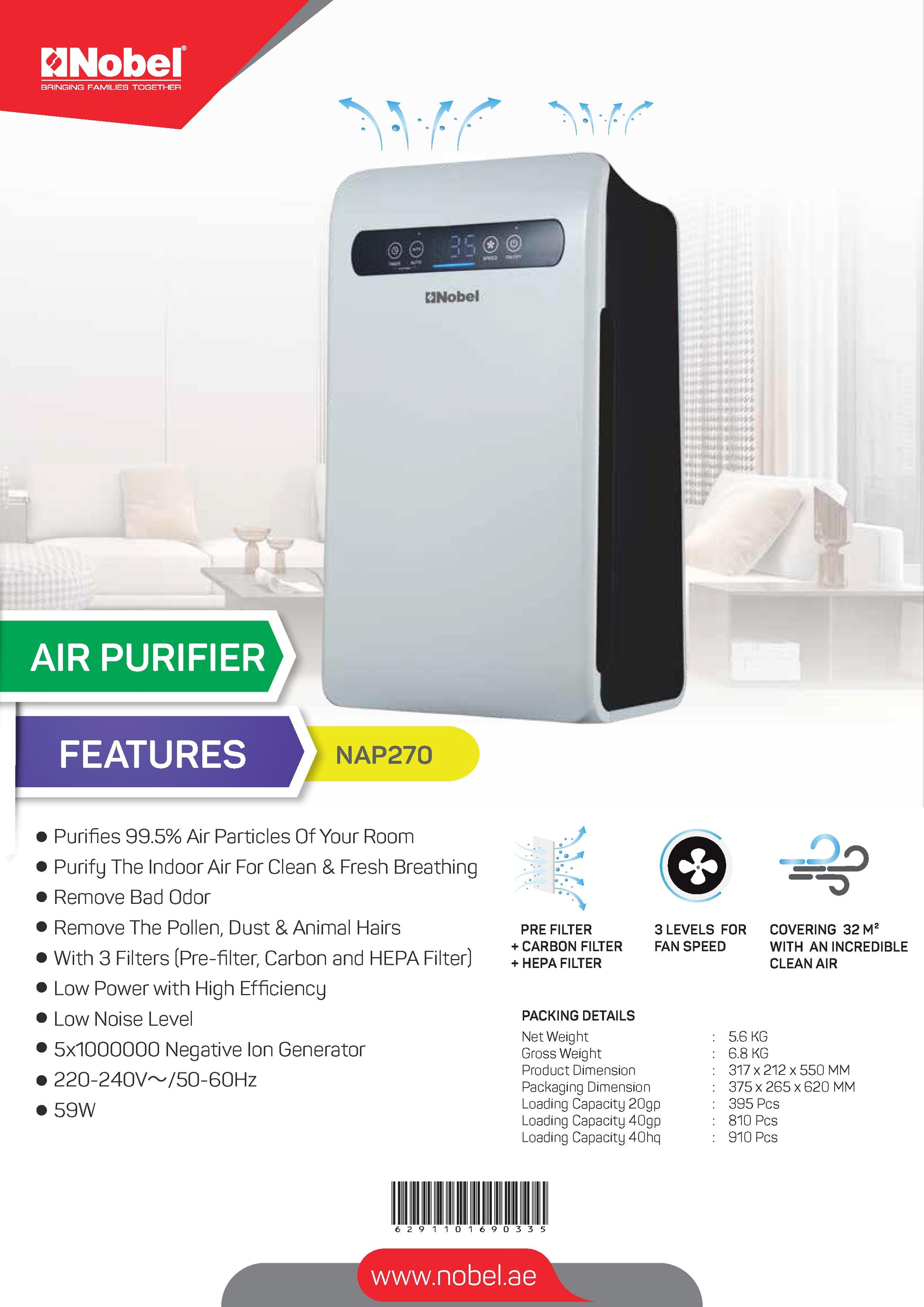 Nobel Air Purifier White 3 Speed Led Indicator  NAP270-7