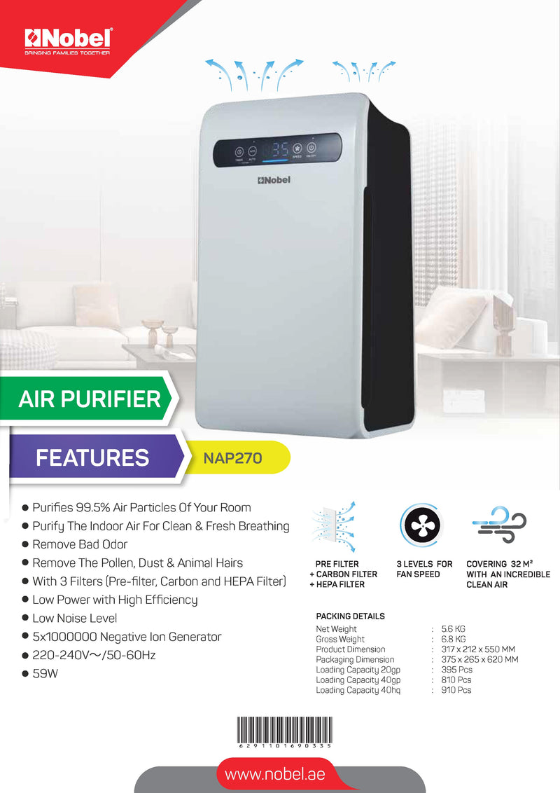 Nobel Air Purifier White 3 Speed Led Indicator  NAP270-7
