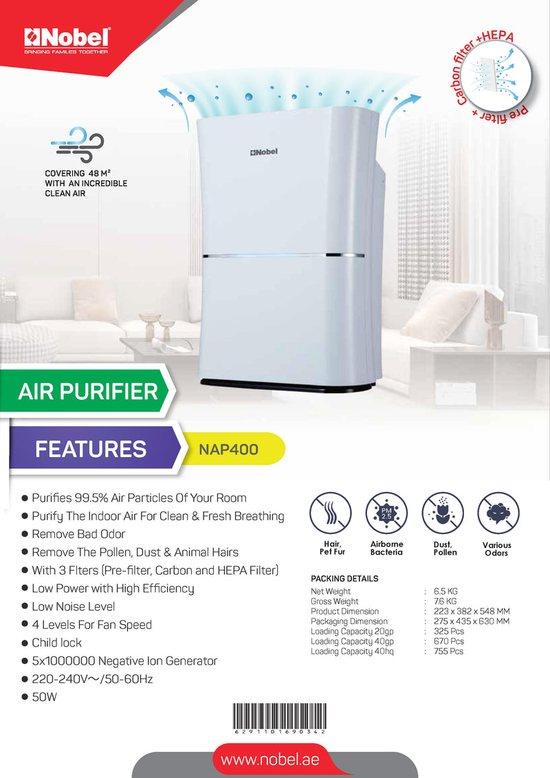 Nobel Air Purifier White 3 Filters 4 Speed Led Indicator NAP400-7