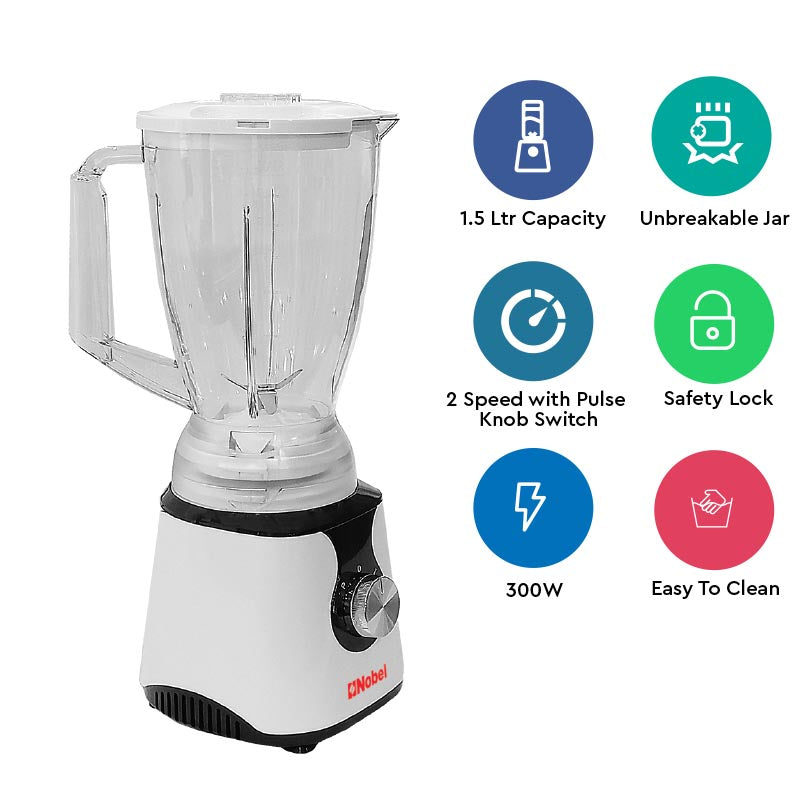 NOBEL Blender White 1.5 Litres 300W 2 Speed - Pulse Grinder  NB303E-2