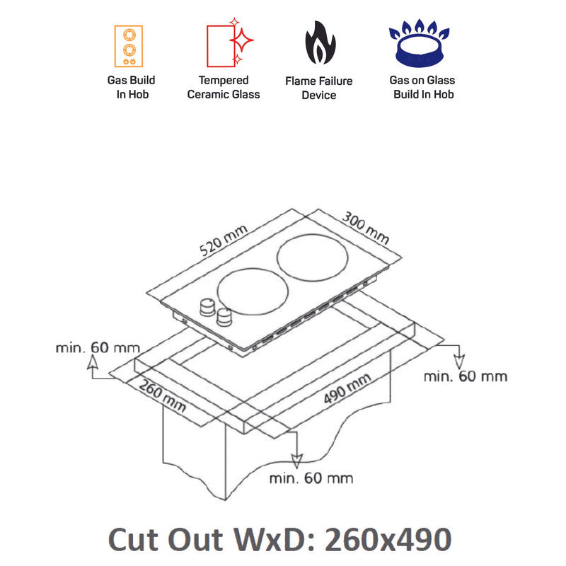NOBEL Builtin - Hobs Glass Black 30cm 2 Gas Burners FFD Cast Iron Grids NBH2101GH-2