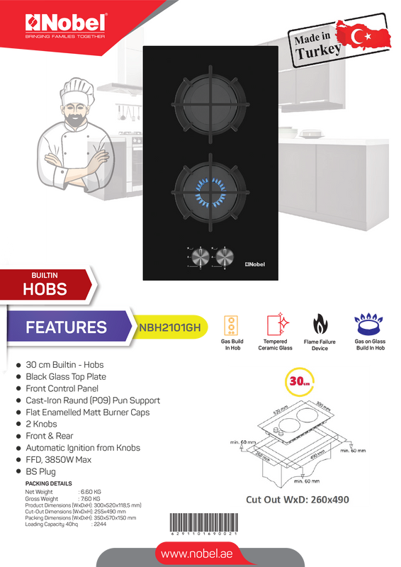 NOBEL Builtin - Hobs Glass Black 30cm 2 Gas Burners FFD Cast Iron Grids NBH2101GH-3