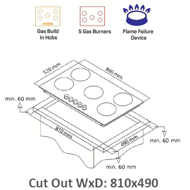 NOBEL Built-in - Hobs Glass Black 90cm 5 Gas Burners NBH9502GH-3
