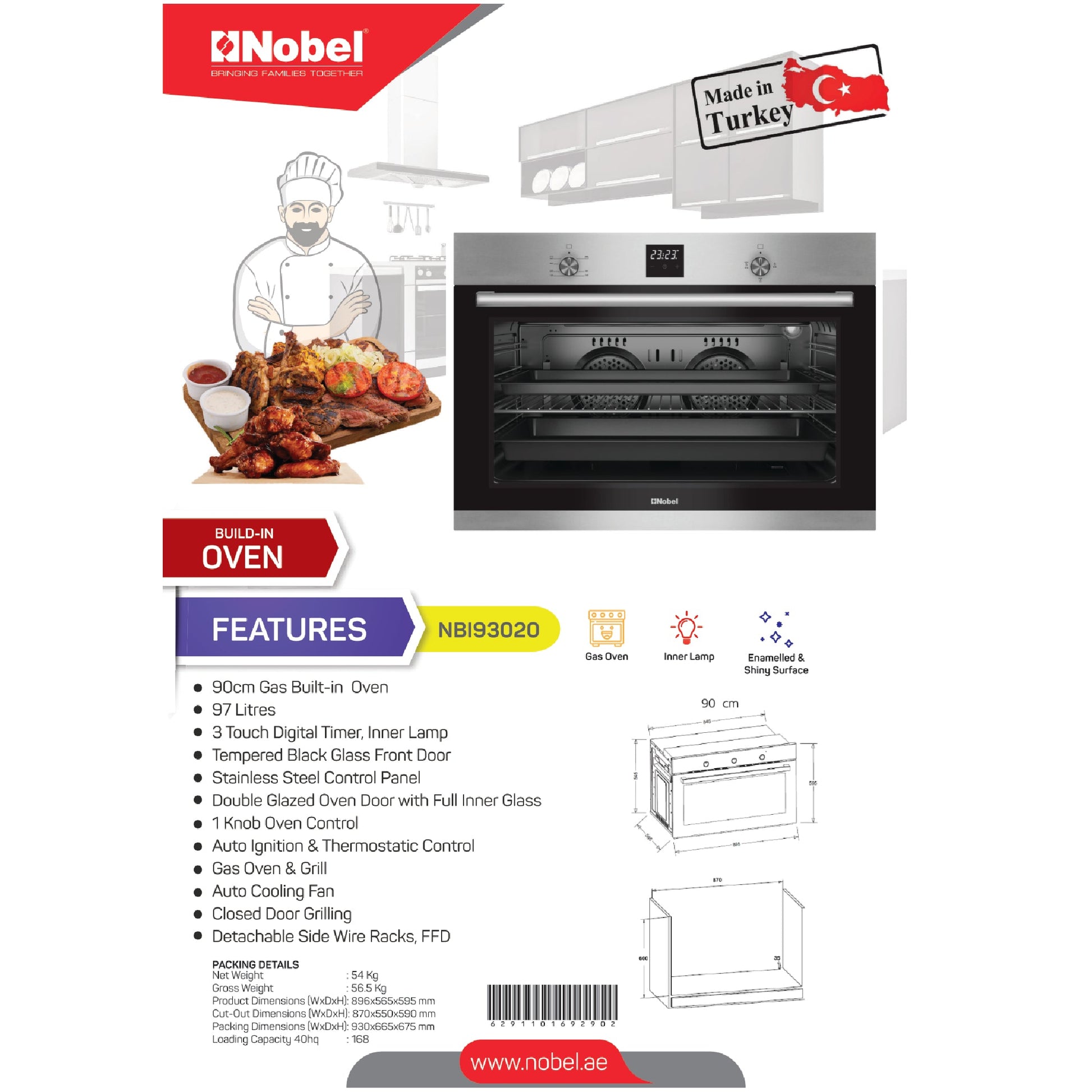 NOBEL Built-in - Ovens Stainless Steel 90cm Gas Grill NBI93020-2